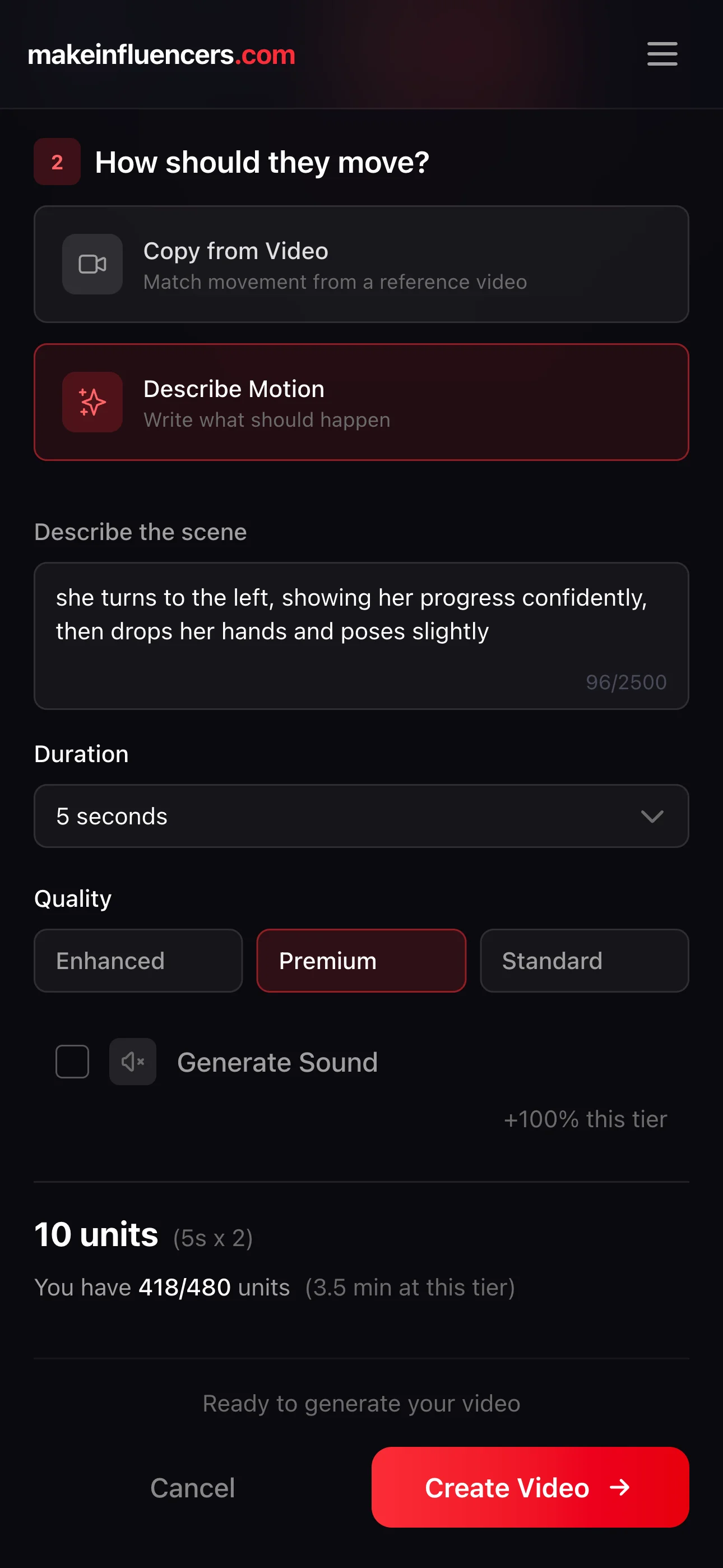 Image-to-video screen with progress pic loaded and motion prompt typed in