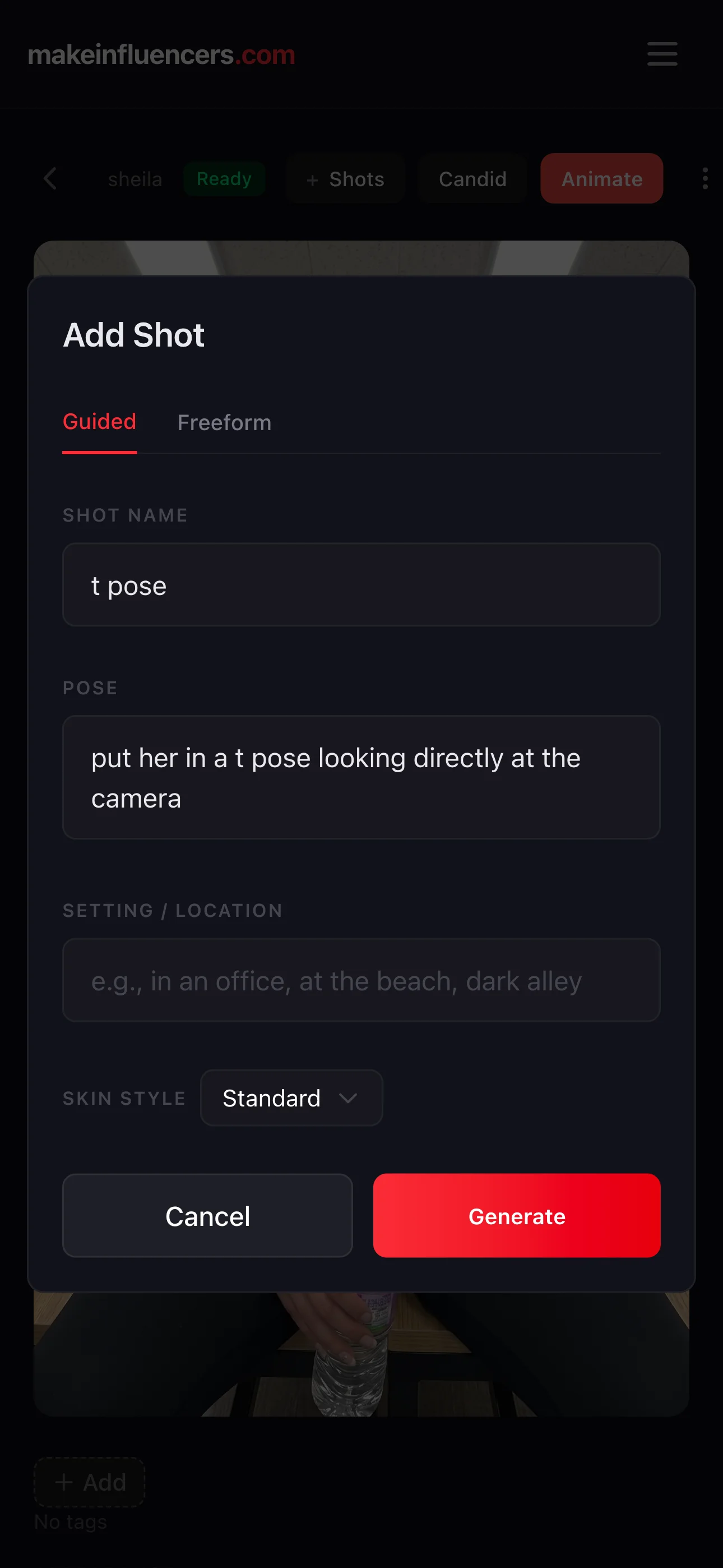 Pose creation prompt UI on MakeInfluencers