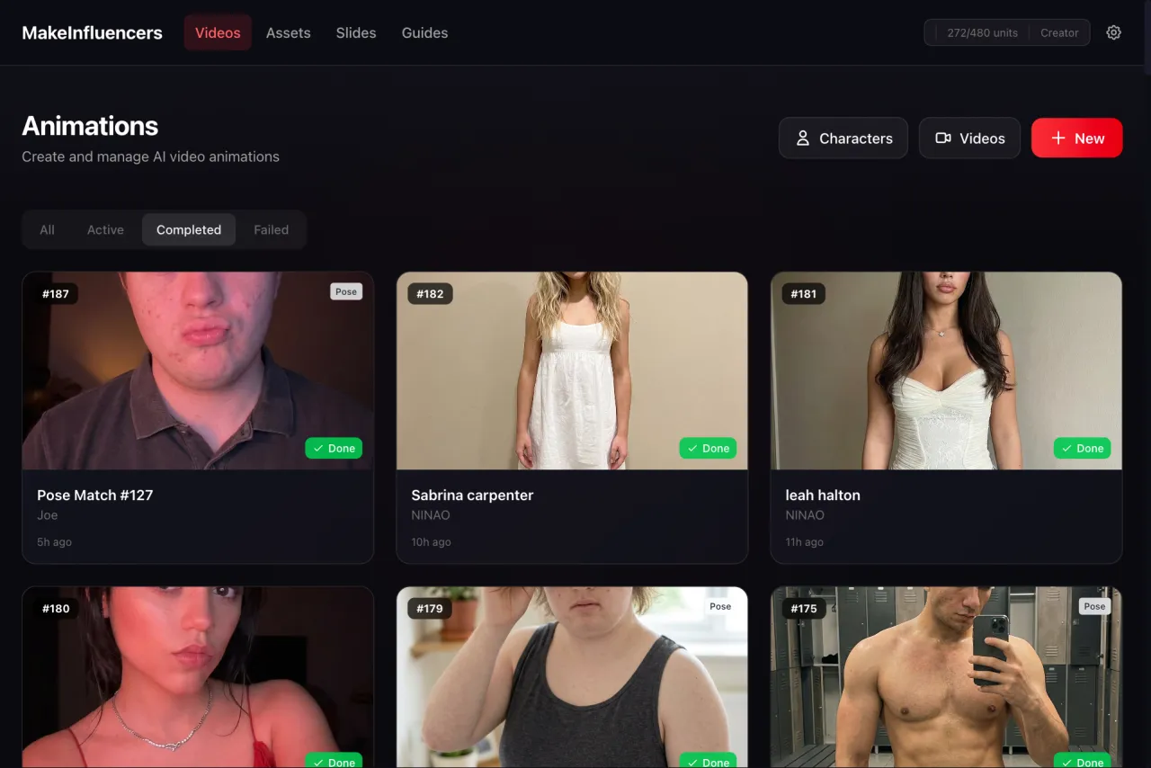 MakeInfluencers dashboard showing the starting point for creating a new AI influencer