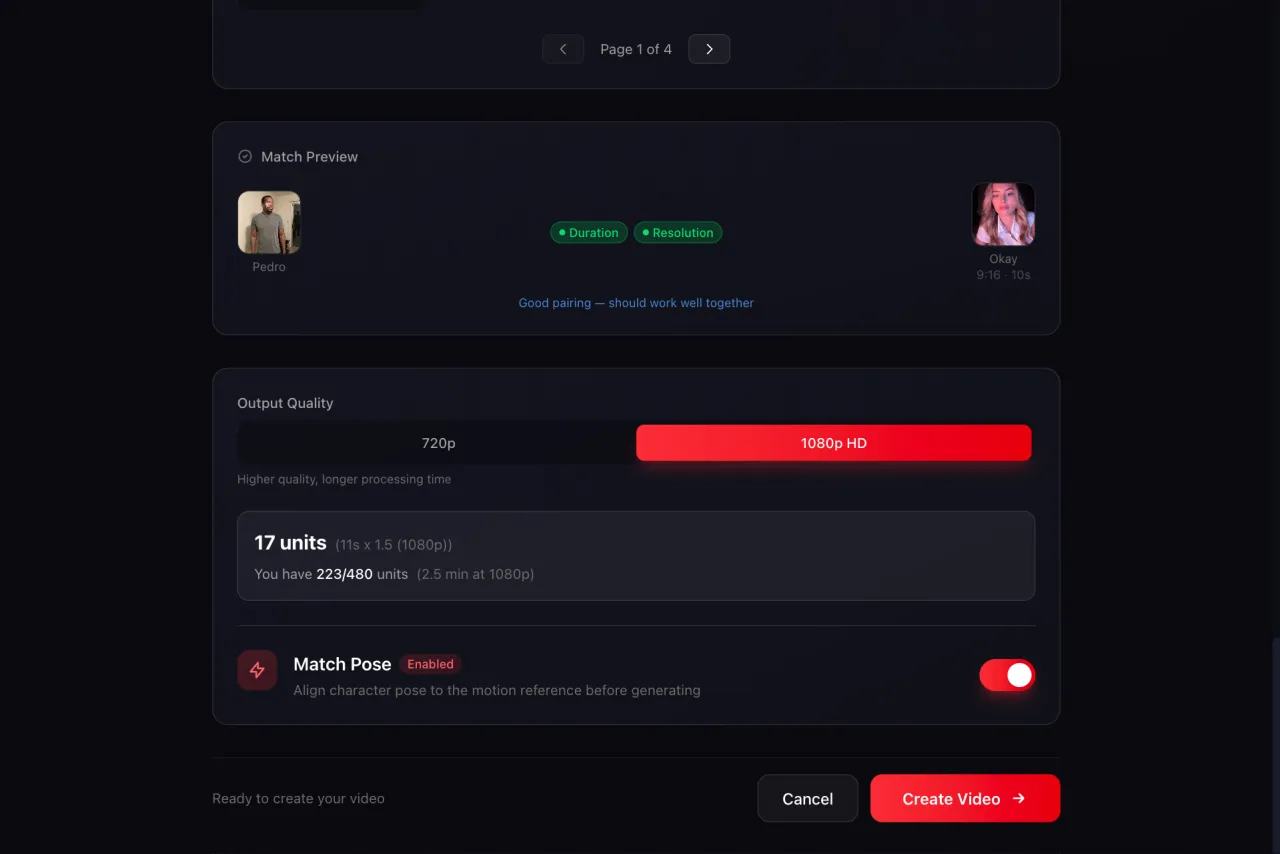 Motion clone creation page showing a source video paired with a character
