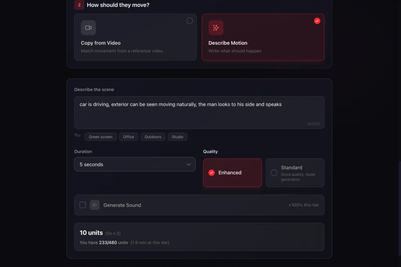 Image-to-video creation page with character photo and text prompt for animation