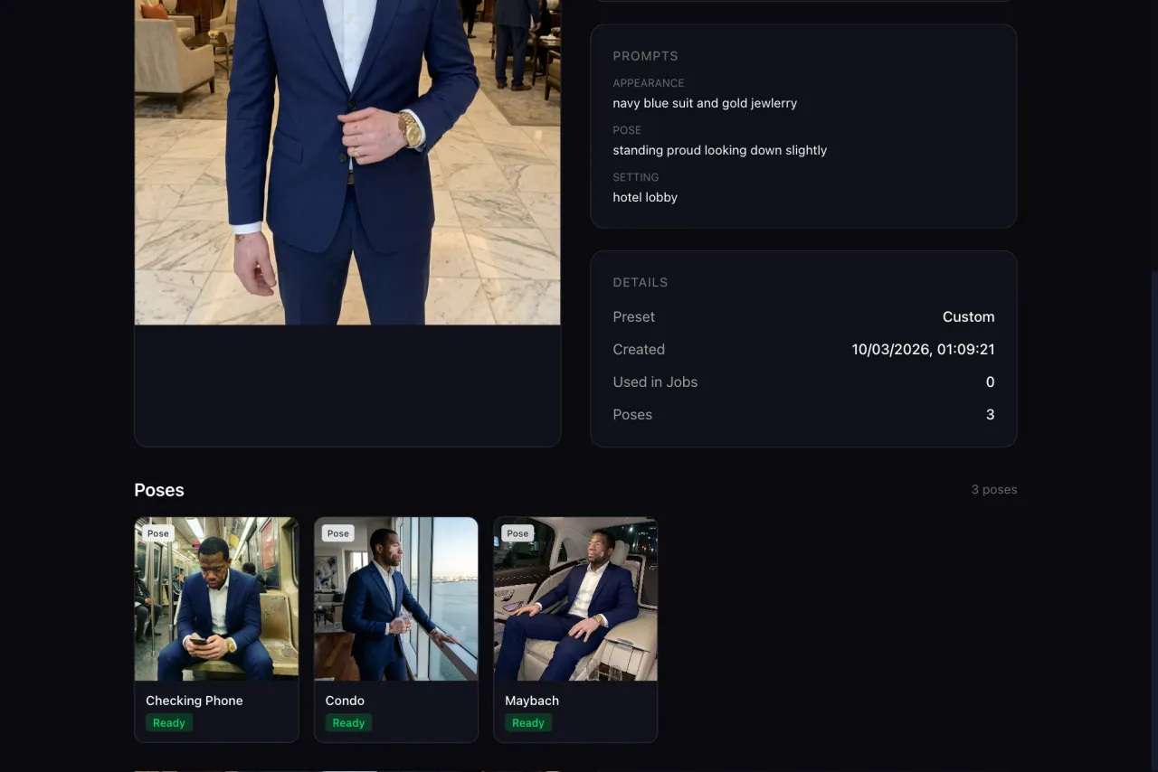Poses grid showing a character in various settings and actions